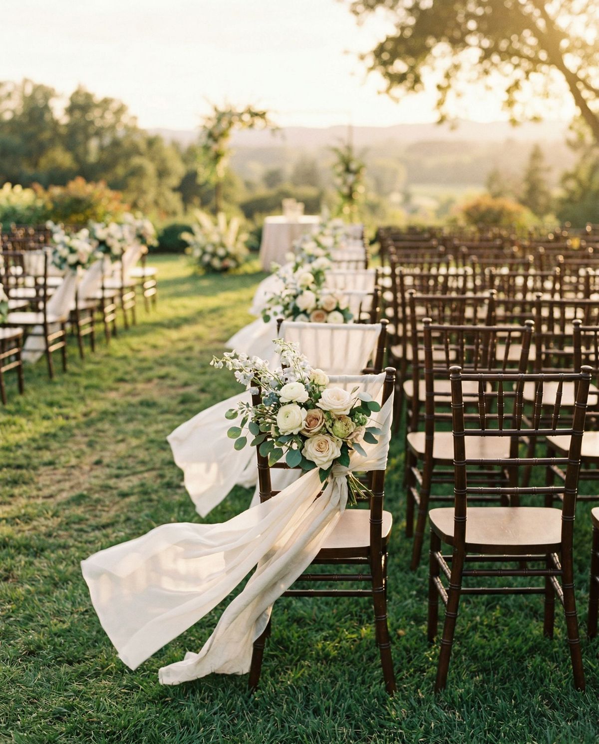 Outdoor ceremony aisle with floral chair arrangements